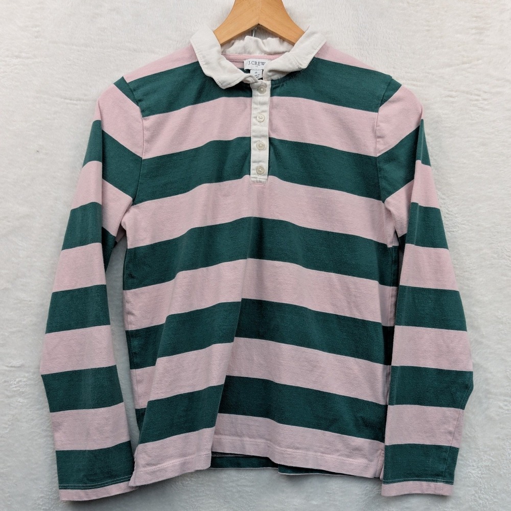 J.Crew Rugby Shirt Womens S Pink Green Striped Button Polo Long Sleeve Preppy